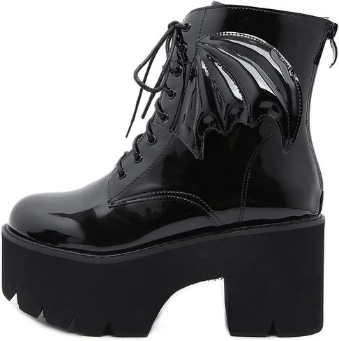 أحذية منصة سوداء للنساء مع سلسلة أزياء أحذية قتالية بكعب مكتنز ومرصعة بأربطة وسحاب أحذية إيمو قوطية للحفلات التنكرية للهالوين أحذية الكاحل للابنة in Kuwait
