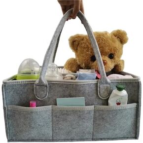Baby Diaper Caddy Organizer with handles - Nursery Storage basket and Car Organizer for Diapers and Baby Wipes - 5 Compartments, 8 Pockets, Soft, Sturdy, and Convenient Baby Shower Gifts - Gray