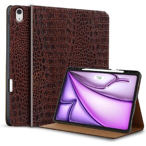 Gexmil Genuine Leather Case for iPad Air 13 Inch M2 2024 with Pencil Holder,Protective Shockproof Smart Premium Leather Folio Cover Adjustable Stand Auto Sleep/Wake Anti-slip, Flower Brown