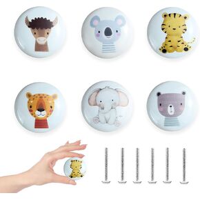 6 Pack 1.5" Ceramic Cute Safari Animal Nursery Kids Room Furniture Cabinet Dresser Drawer Knobs
