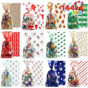 JOYIN 144 PCS Christmas Cellophane Candy Bags, Holiday Treat Goody Cookie Bags with Ribbon Ties for Festivals Party Supplies, Xmas Candy Gift (11 x 5 inches)