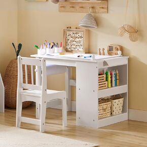 Haotian 3 in 1 Kid's Table and Chair Set, Art Table with Paper Roller, Paint Cups and Storage Shelves, Painting Table Set for Arts, Crafts and Writing, KMB75-W