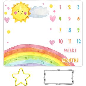 Cartoon Rainbow Baby Monthly Milestone Blanket, 48x40in Sun Cloud Heart Shape Colored Dots Blanket Hand Painted for Newborn Baby Shower,Baby Growth Chart Photography Blanket BTLSME96