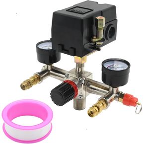 Yellow Bottom Air Compressor Pressure Switch Control Valve, 90-120 PSI Pressure Regulator with Gauge Connector Kit for Industrial Commercial Residential Environments (American Pattern)