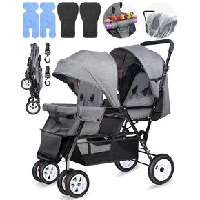 Double Stroller, Double Stroller for Infant Toddler, Foldable Double Baby Stroller with Tandem Seating and Adjustable Backrest - Extra Gift Toys/Mosquito Net/Sleeping Mats/ 2 Hooks/ 2 Pads (Grey)