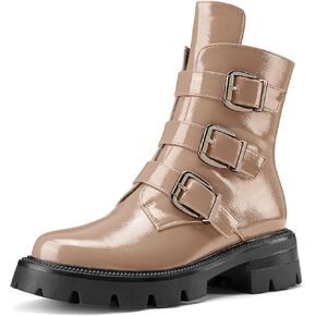 DearOnly Combat Motorcycle Boots for Women Low Chunky Heel Side Zipper Patent Leather Lug Sole Ankle Boots Mid Calf Biker Buckle Boots