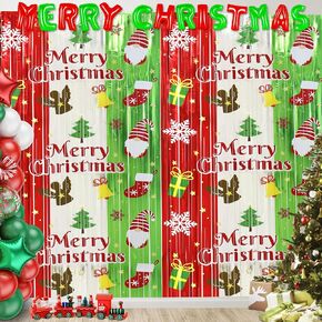 Christmas Party Decorations Foil Fringe Curtains, 2 Pack 3.3 x 6.6 FT Christmas Red Silver Green Tinsel Fringe Curtain Photo Backdrop Streamers for Christmas Decorations Indoor Ugly Sweater Party
