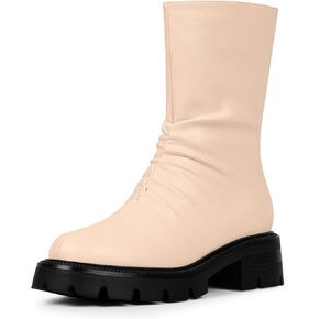 Women's Chunky Heel Platform Pleated Slouch Ankle Boots Round Toe Back Zipper Booties