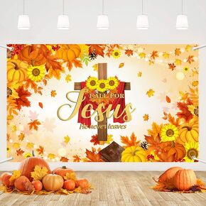 MEHOFOND Fall for Jesus He Never Leaves Banner Decorations, Autumn Pumpkin Thanksgiving Party Backdrop, Fall Pumpkin Harvest Cross Photography Background Photo Studio Props 5.9x3.6ft