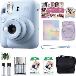 FUJIFILM INSTAX Mini 12 Instant Film Holiday 2024 Camera Bundle (Pastel Blue) + Travel Bag Small + Cleaning kit + 2X FUJIFILM INSTAX Mini Instant Film (40 Sheets) + 4xAA Battery with Charger