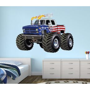 Flag Monster Truck Wall Decal Nursery Art Kids Bedroom Decor Vinyl Playroom Sticker Mural West Mountain WM08 (24''W x 20''H)