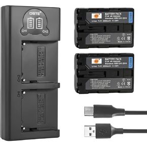 DSTE Replacement for 2X NP-FM500H + Dual LCD Battery Charger Compatible Sony Alpha SLT A58 A57 A77V A77II A350 A450 A850 Alpha a99 II CLM-V55 Camera as NP-FM500 with Type-C and Micro-USB Port