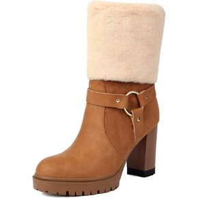 UTIKLIOU Women's Ankle Platform Boots Round Toe Chunky High Heel Boots with Fur Side Zip Suede Winter Fleece Lining Booties