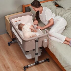Baby Crib,3 in 1 Bedside Crib Adjustable Portable Bed for Infant,Baby Bassinet Baby Newborn Must Have Bed, Khaki