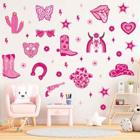 12 Sheets Pink Cowgirl Wall Stickers Preppy Hat Cow Disco Ball Wall Decals Room Mural Stickers for Party Home Nursery Decor, 7.9 x 11.8 Inch