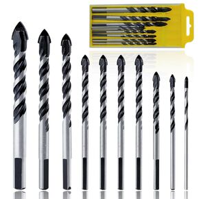 10 Pcs Multi-Purpose Masonry Drill Bit Set for Brick Tile Glass Ceramic Wood, Tungsten Carbide Tipped Spear Cutter Concrete Drill Bit Set, 1/8" to 1/2" Drilling Bits with Triangle Handle