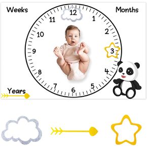CSFOTO Cartoon Panda Alarm Clock Baby Monthly Milestone Blanket Newborn Growth Record Prop Milestone Blanket for Baby Boy Photography Props for Newborn Baby Shower 60"x40" with Frames