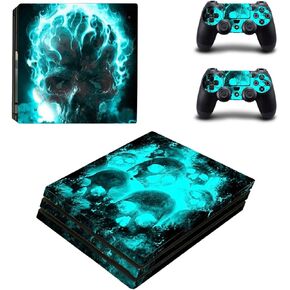 Full Body Protective Vinyl Skin Decal for PS4 Pro Console and 2PCS PS4 Pro Controller Skins Stickers Ice Blue Magic Skull