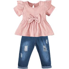 Toddler Baby Girl Clothes Outfit Infant Denim Clothing Ruffle Sleeve Top Ripped Jeans Pants 2 Piece Sets