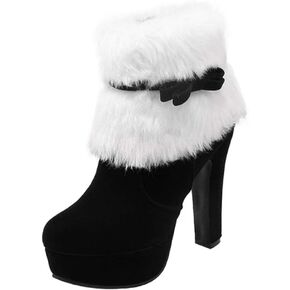ERINGOGO Women Christmas Ankle Boots, Winter Fur Lined Platform Pointed Toe Suede High Heel, Side Zipper Santa Claus Booties