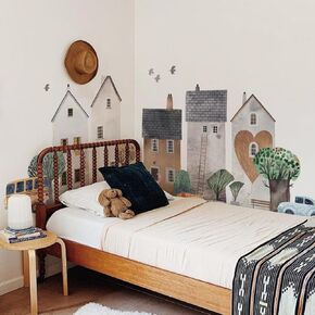 Large Watercolor Kids Wall Decals Peel and Stick, Street Building Scene Vintage Wall Stickers for Kids Bedroom Playroom Nursery Room Wall Decor Decal, Gold Brown Forest Cabin and Bear Family
