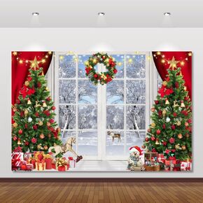 Merry Christmas Backdrop 20x10ft for Photography Window Winter Forest Snow Xmas Tree Gifts Red Curtain Christmas Theme Party Photo Background for Kids Family Portrait Photo Booth Photoshoot