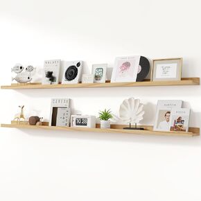 Picture Ledge Shelf Set of 2, 48 Inch Natural Wood Rustic Floating Shelves with Lip for Wall Storage, Nursery Floating Book Shelves for Living Room Bathroom Bedroom Kitchen, Natural