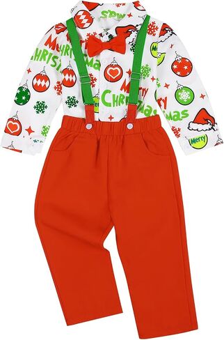 Toddler Baby Boys Christmas Gentleman Outfit Bow Ties Shirt + Suspender Pants Xmas 2Pcs Clothes in Saudi Arabia