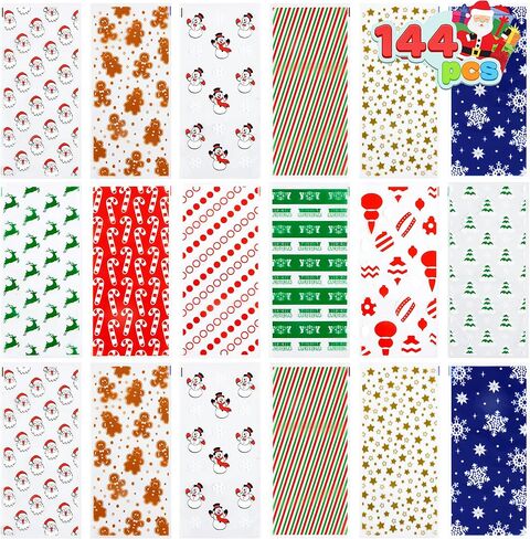 JOYIN 144 قطعة من أكياس حلوى السيلوفان لعيد الميلاد، أكياس حلوى جودي لعلاج العطلات مع أربطة شريطية لمستلزمات حفلات المهرجانات، هدية حلوى عيد الميلاد (11 × 5 بوصات) in Saudi Arabia