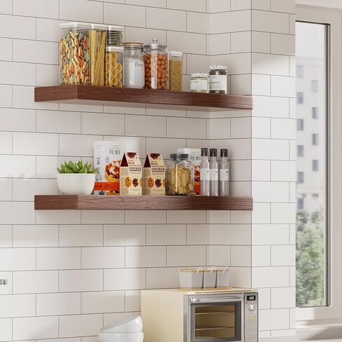 أرفف عائمة من خشب الجوز مقاس 24 بوصة، أرفف عائمة بلون خشب الكرز العميق مقاس 8 بوصات مثبتة على الحائط، رف خشبي سميك مع محمل 50 رطل لغرفة المعيشة والحمام والمطبخ، عبوتان مقاس 23.6 × 8 × 2 بوصة in Kuwait