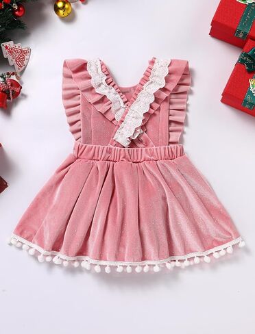 IDOPIP Baby Girls Velvet Dress Ruffle Lace Romper Tutu Dress Christmas Birthday Outfits Infant Princess Party Pageant Dresses in Saudi Arabia