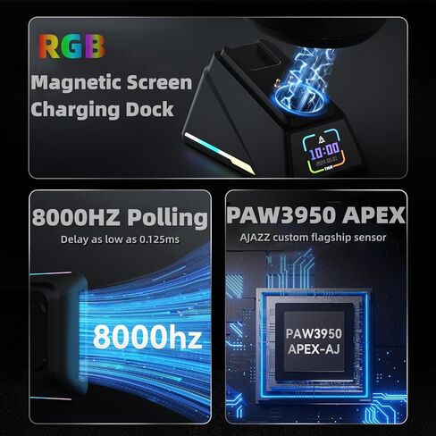 ماوس ألعاب AJ159PRO 8 كيلو هرتز بلوتوث/2.4 جيجا/سلكي 56 جيجا خفيف الوزن مع قاعدة شحن مغناطيسية، مستشعر PAW3395 26KDPI، Huanuo 100 مليون نقرة، وسادة قدم ETFE 100% وجهاز استقبال 8 كيلو هرتز in Kuwait
