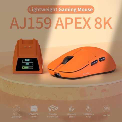 ماوس ألعاب AJ159PRO 8 كيلو هرتز بلوتوث/2.4 جيجا/سلكي 56 جيجا خفيف الوزن مع قاعدة شحن مغناطيسية، مستشعر PAW3395 26KDPI، Huanuo 100 مليون نقرة، وسادة قدم ETFE 100% وجهاز استقبال 8 كيلو هرتز in Kuwait