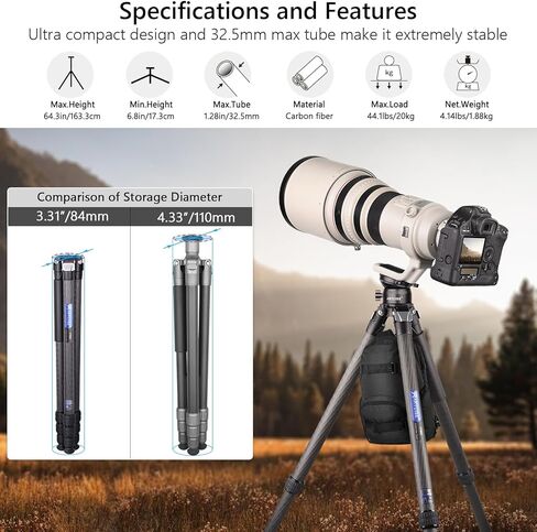 ARTCISE Compact Carbon Camera Tripod with Leveling Base Tripod Head 32.5mm Max Leg Tube Stable Lightweight Carbon Fiber Travel Stand with Stone Bag Max Load (Tripod:25kg,Leveling Base:10kg) in Kuwait