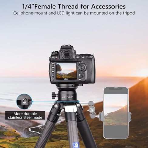 ARTCISE Compact Carbon Camera Tripod with Leveling Base Tripod Head 32.5mm Max Leg Tube Stable Lightweight Carbon Fiber Travel Stand with Stone Bag Max Load (Tripod:25kg,Leveling Base:10kg) in Kuwait