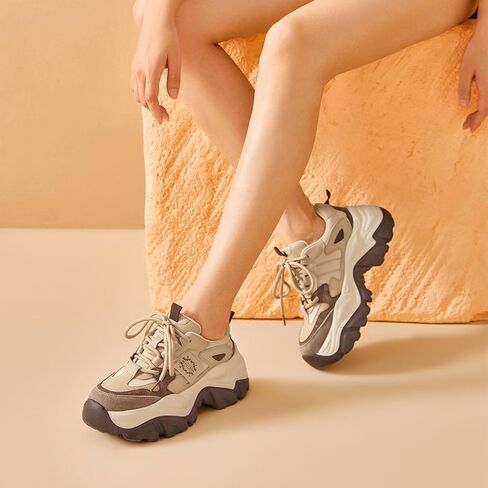 BEAU TODAY Chunky Sneakers for Women,Dad Shoes for Women,Lace Up Fashion Slip-on Comfortable Leather Tennis Shoes in Saudi Arabia