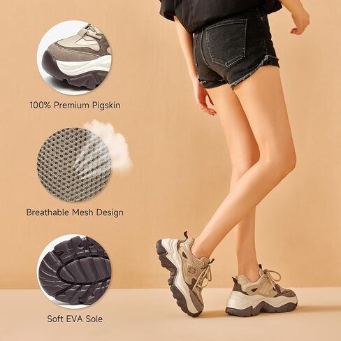 BEAU TODAY Chunky Sneakers for Women,Dad Shoes for Women,Lace Up Fashion Slip-on Comfortable Leather Tennis Shoes in Saudi Arabia