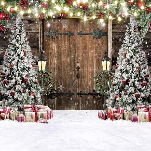7X5FT Christmas Photo Backdrop Rustic Barn Wood Door Christmas Backdrop Christmas Tree Gifts Decor Background Family Xmas New Year Party Supplies F103 in Saudi Arabia