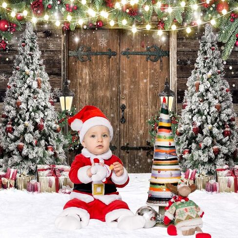 7X5FT Christmas Photo Backdrop Rustic Barn Wood Door Christmas Backdrop Christmas Tree Gifts Decor Background Family Xmas New Year Party Supplies F103 in Saudi Arabia