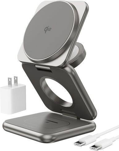 Foldable 3 in 1 Charging Station, Qi2 Certified 15W Magnetic Wireless Charger Stand, KU XIU X40Q Aluminum Alloy Travel Charger for iPhone 16/15/14, 5W for Apple Watch, AirPods, Gray in Saudi Arabia