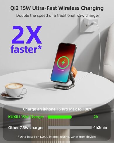 Foldable 3 in 1 Charging Station, Qi2 Certified 15W Magnetic Wireless Charger Stand, KU XIU X40Q Aluminum Alloy Travel Charger for iPhone 16/15/14, 5W for Apple Watch, AirPods, Gray in Saudi Arabia