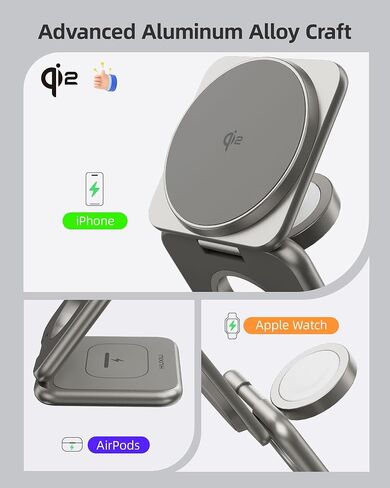 Foldable 3 in 1 Charging Station, Qi2 Certified 15W Magnetic Wireless Charger Stand, KU XIU X40Q Aluminum Alloy Travel Charger for iPhone 16/15/14, 5W for Apple Watch, AirPods, Gray in Saudi Arabia