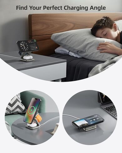 Foldable 3 in 1 Charging Station, Qi2 Certified 15W Magnetic Wireless Charger Stand, KU XIU X40Q Aluminum Alloy Travel Charger for iPhone 16/15/14, 5W for Apple Watch, AirPods, Gray in Saudi Arabia
