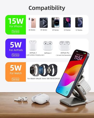 Foldable 3 in 1 Charging Station, Qi2 Certified 15W Magnetic Wireless Charger Stand, KU XIU X40Q Aluminum Alloy Travel Charger for iPhone 16/15/14, 5W for Apple Watch, AirPods, Gray in Saudi Arabia