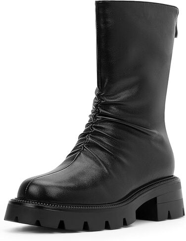 Women's Chunky Heel Platform Pleated Slouch Ankle Boots Round Toe Back Zipper Booties in Saudi Arabia
