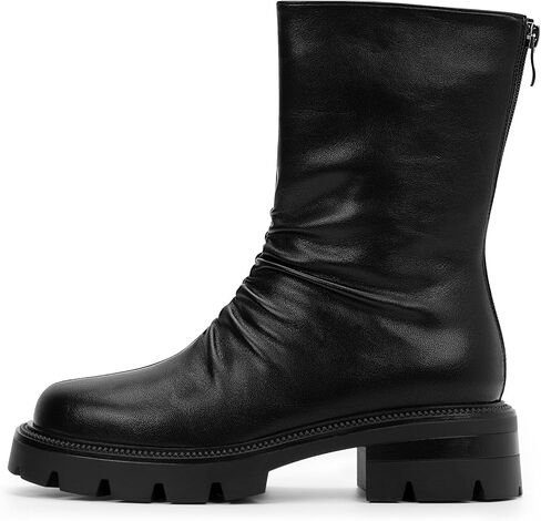 Women's Chunky Heel Platform Pleated Slouch Ankle Boots Round Toe Back Zipper Booties in Saudi Arabia