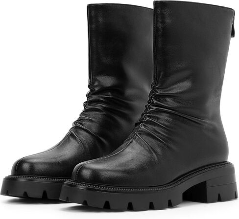 Women's Chunky Heel Platform Pleated Slouch Ankle Boots Round Toe Back Zipper Booties in Saudi Arabia