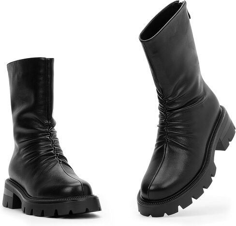 Women's Chunky Heel Platform Pleated Slouch Ankle Boots Round Toe Back Zipper Booties in Saudi Arabia