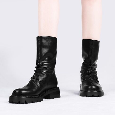 Women's Chunky Heel Platform Pleated Slouch Ankle Boots Round Toe Back Zipper Booties in Saudi Arabia