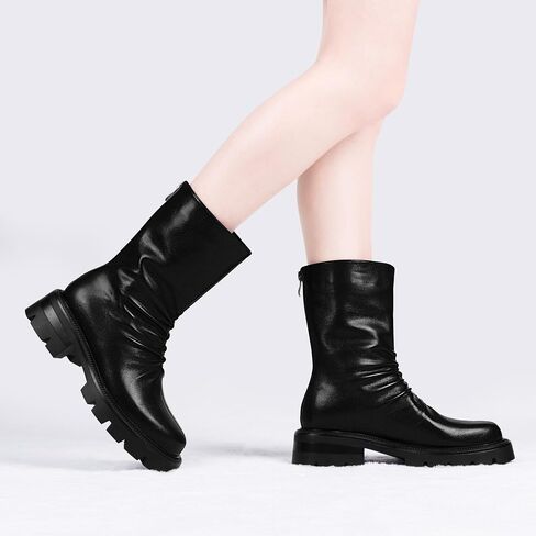 Women's Chunky Heel Platform Pleated Slouch Ankle Boots Round Toe Back Zipper Booties in Saudi Arabia